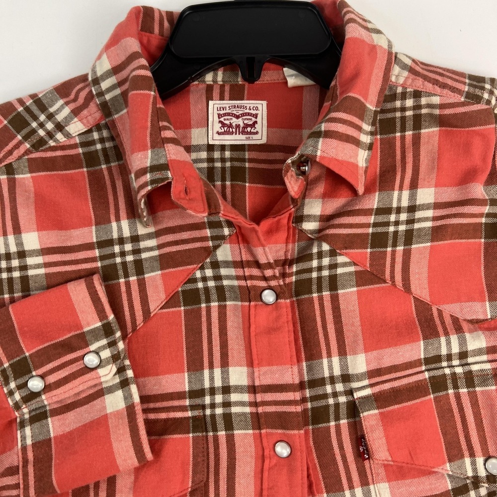 Levi's Shirt L Red Plaid Flannel Long Sleeve Western Pearl Snap Button Cowboy
